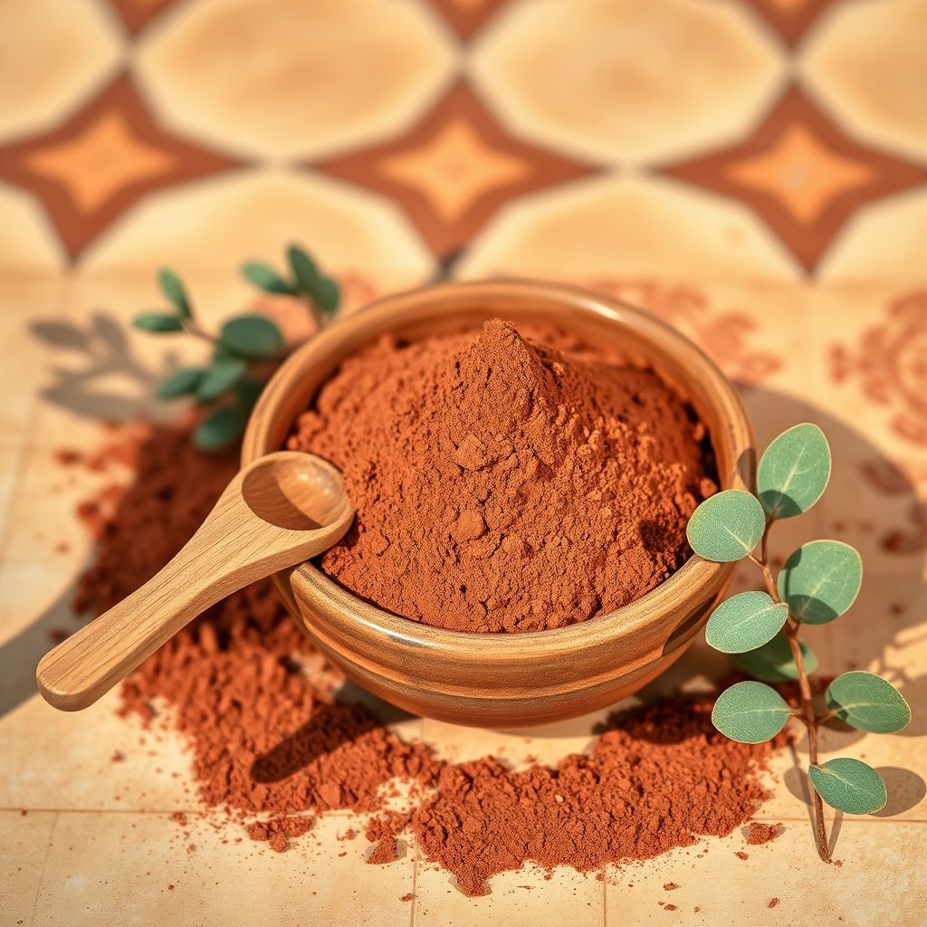 Artisanal bowl of raw Moroccan Rhassoul clay powder and wooden spoon, representing the best natural face masks for detoxification and luminosity.