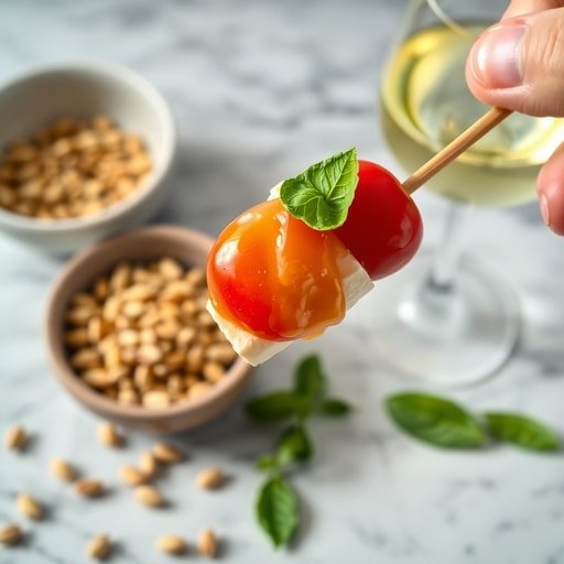 Close up of fresh feta and tomato skewers with pistachios illustrating easy Mediterranean diet recipes for parties.