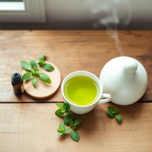 Flat lay of mint tea, spearmint, and peppermint essential oil with a diffuser for aromatherapy