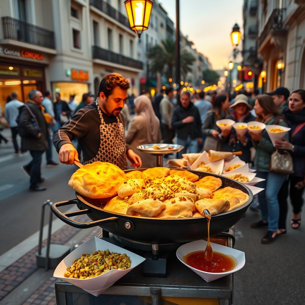 Street vendor in Casablanca serving Sfenj with gourmet toppings, part of the Top 10 Most Popular Moroccan Bakery Snacks, captured in warm evening light