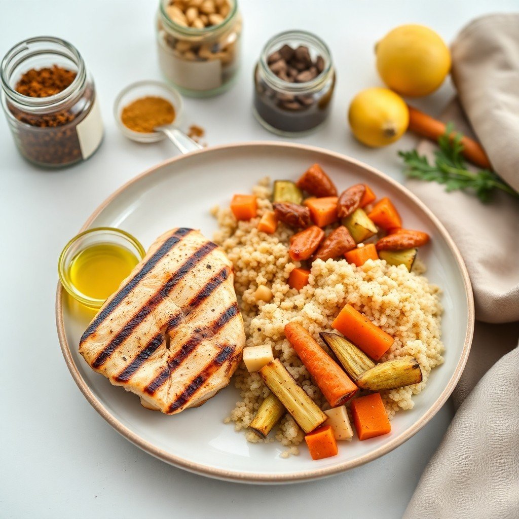 A balanced meal plate illustrating Moroccan-Inspired Healthy Recipes for a Balanced Life, featuring grilled protein, whole grains, and roasted vegetables with argan oil.