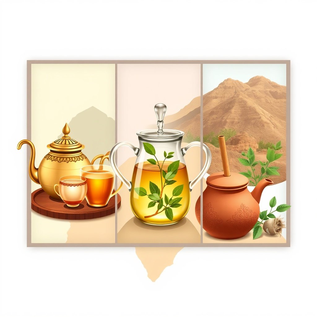 Guide to Moroccan tea traditions and etiquette illustrating regional variations from Fez, Marrakech, and Rif with traditional and sustainable tea sets