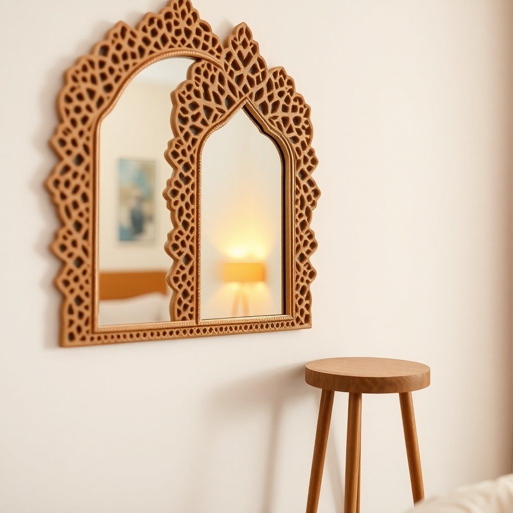 Guide to authentic Moroccan furniture for small spaces featuring a hand-carved mirror and neutral decor in a cozy apartment.