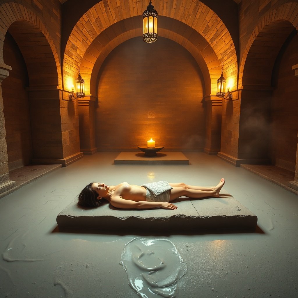 Woman relaxing with a rhassoul clay mask during a detoxifying Moroccan hammam ritual in a luxury spa.
