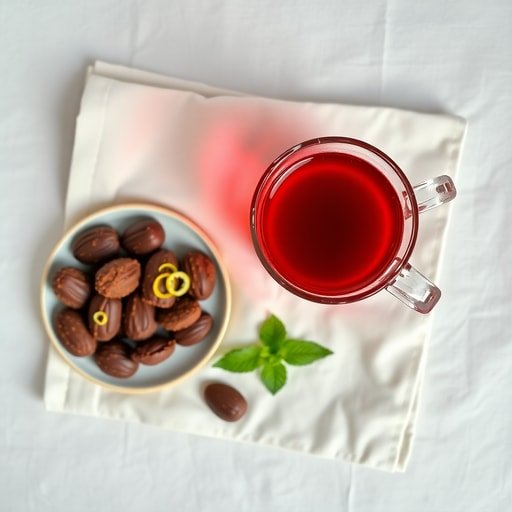 Hibiscus tea in glass mug with dark chocolate almonds and citrus zest on linen napkin