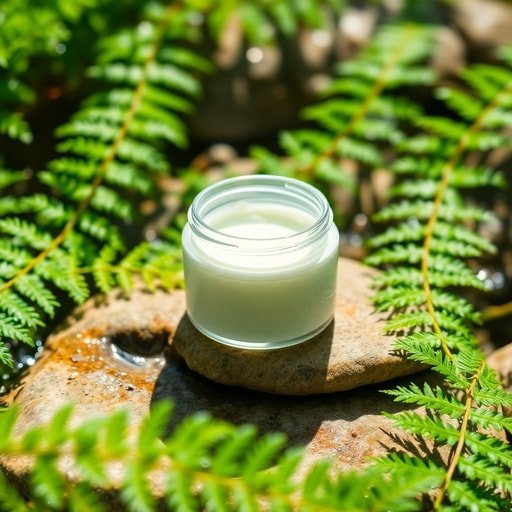 Hands applying natural lotion from a sustainable bamboo container surrounded by green leaves