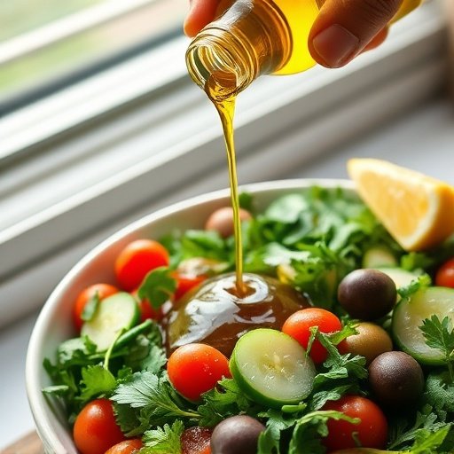 Hand drizzling extra virgin olive oil over fresh herb salad with tomatoes and olives