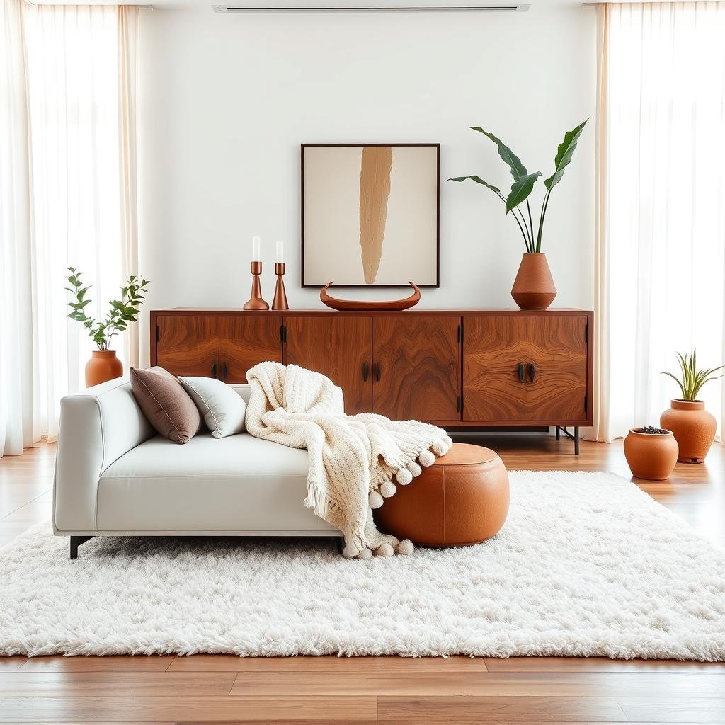 Modern living room interior styled with authentic handmade Moroccan wooden furniture and boho decor