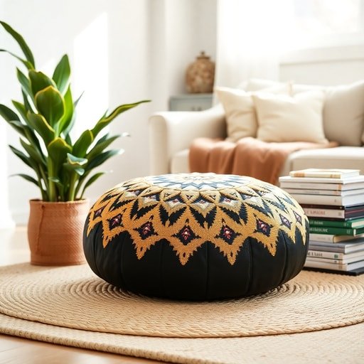 Finished Moroccan leather pouf with gold embroidery styled on a rug in a modern boho living room