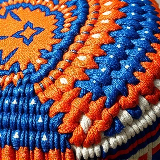 Close-up of Moroccan pouf with cobalt blue and orange Berber tribal patterns under natural light