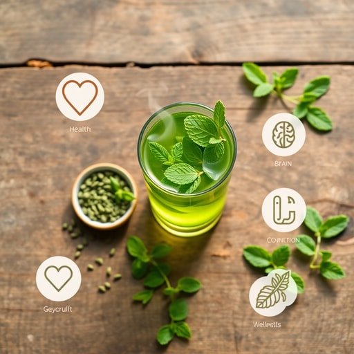 Close‑up of a steaming glass of Moroccan mint tea with fresh mint leaves, surrounded by symbols of heart, brain, and gut health