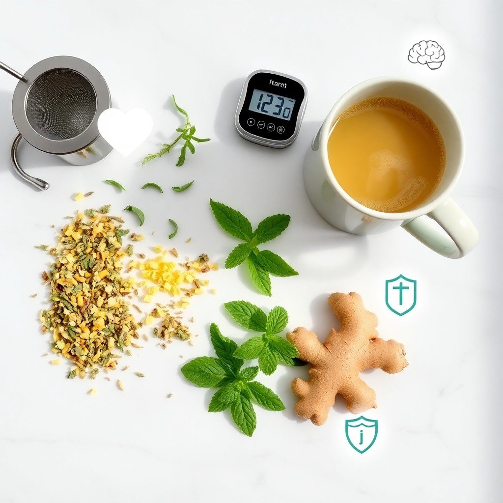 How Herbal Teas Boost Wellness: Simple Recipes & Benefits Explained – flat‑lay of dried herbs, tea infuser, timer and steaming mug with health icons, visualizing antioxidant, adaptogen and immunity benefits