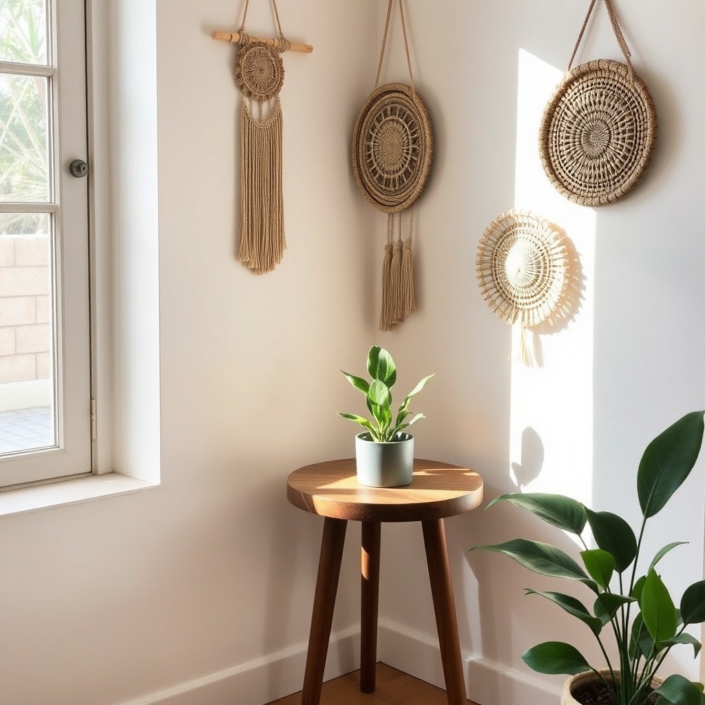 Sustainable Moroccan decor for small spaces utilizing vertical storage with wall baskets and a natural walnut table, perfect for eco-friendly home interiors.