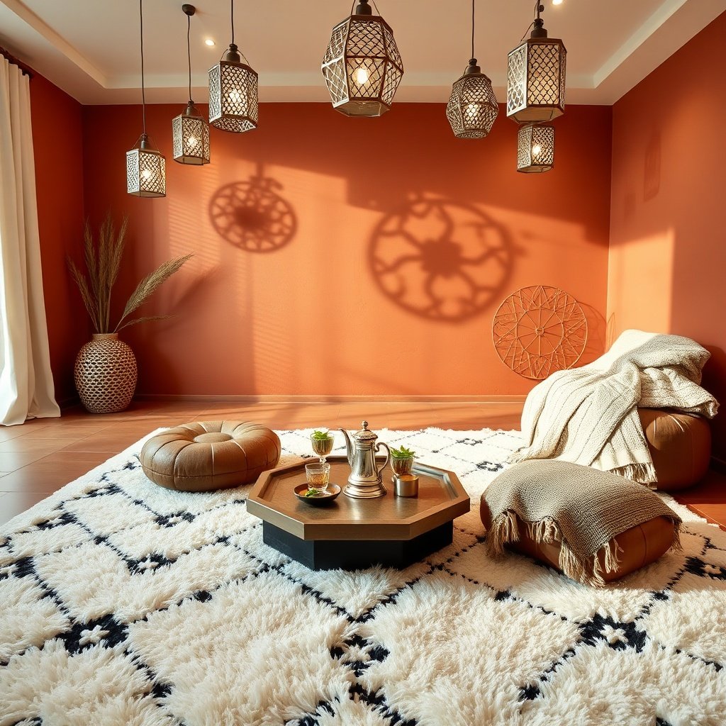 A cozy living room featuring a Berber rug and traditional lanterns, illustrating authentic Moroccan home decor and wellness gifts.