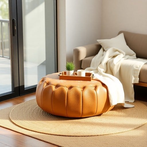 Elegant living room with a leather pouf protected by a breathable cover and UV‑filtering window