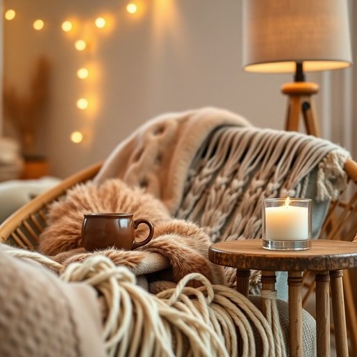 Close up of layered boho textures including a chunky knit blanket and warm ambient lighting