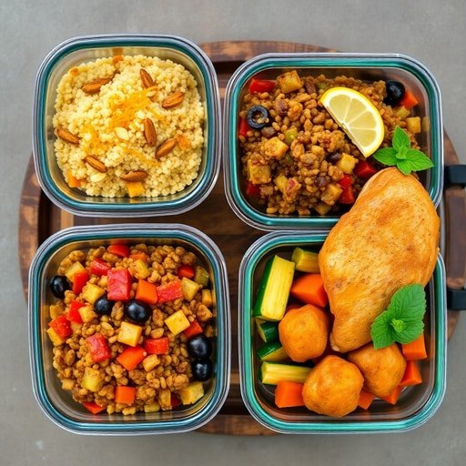 Three glass containers of Moroccan-inspired meal prep bowls with quinoa, lentil couscous, chicken tagine and colorful vegetables