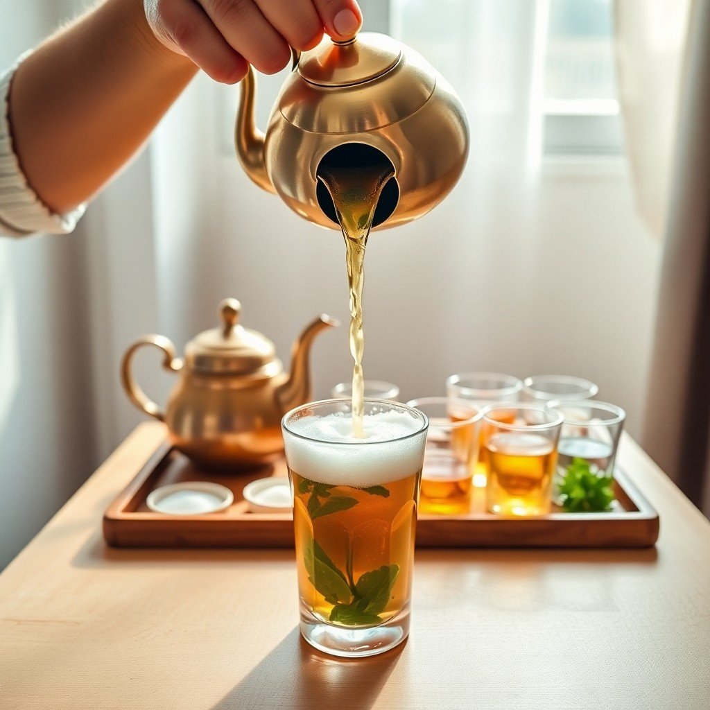 Step‑by‑Step: Setting Up a Moroccan Tea Corner in Your Kitchen – hands pouring Moroccan mint tea from a brass berrad into a glass, creating frothy foam with an organized tea station in the background