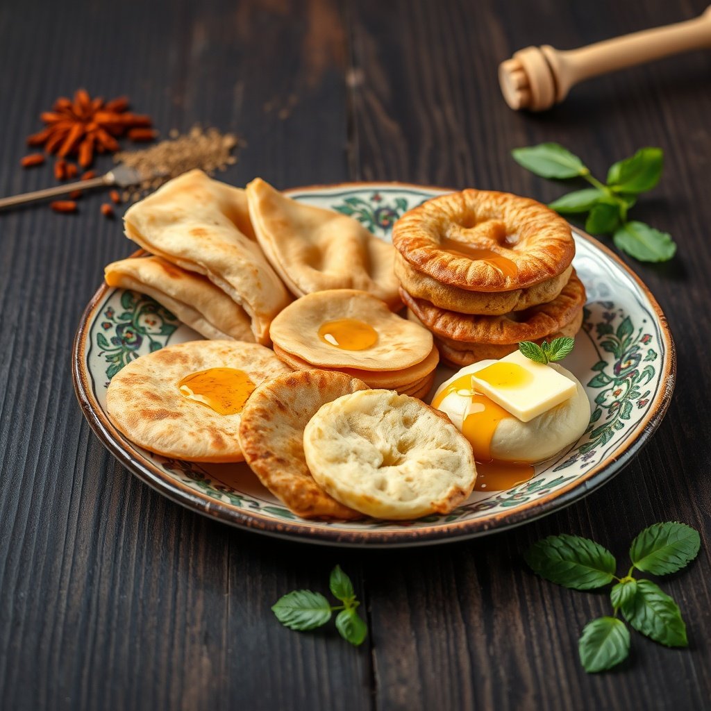 Close-up of top Moroccan street food snacks including msemen, sfenj, and beghrir, highlighting traditional Moroccan appetizers and culinary delights