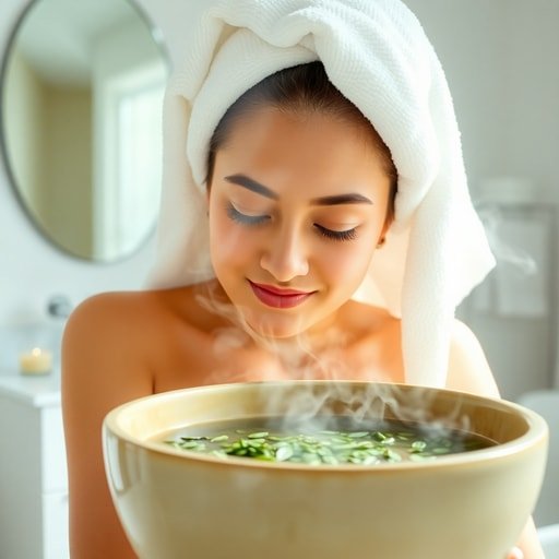 Woman with a towel over her head enjoying a green tea steam facial at home