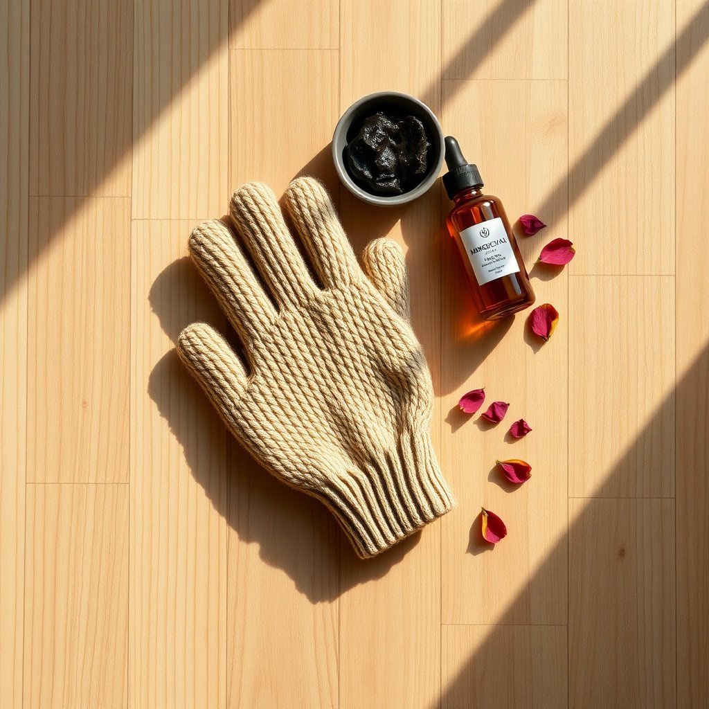 Moroccan exfoliating glove paired with argan oil and serum, illustrating the best ways to use exfoliating gloves in a skincare routine.