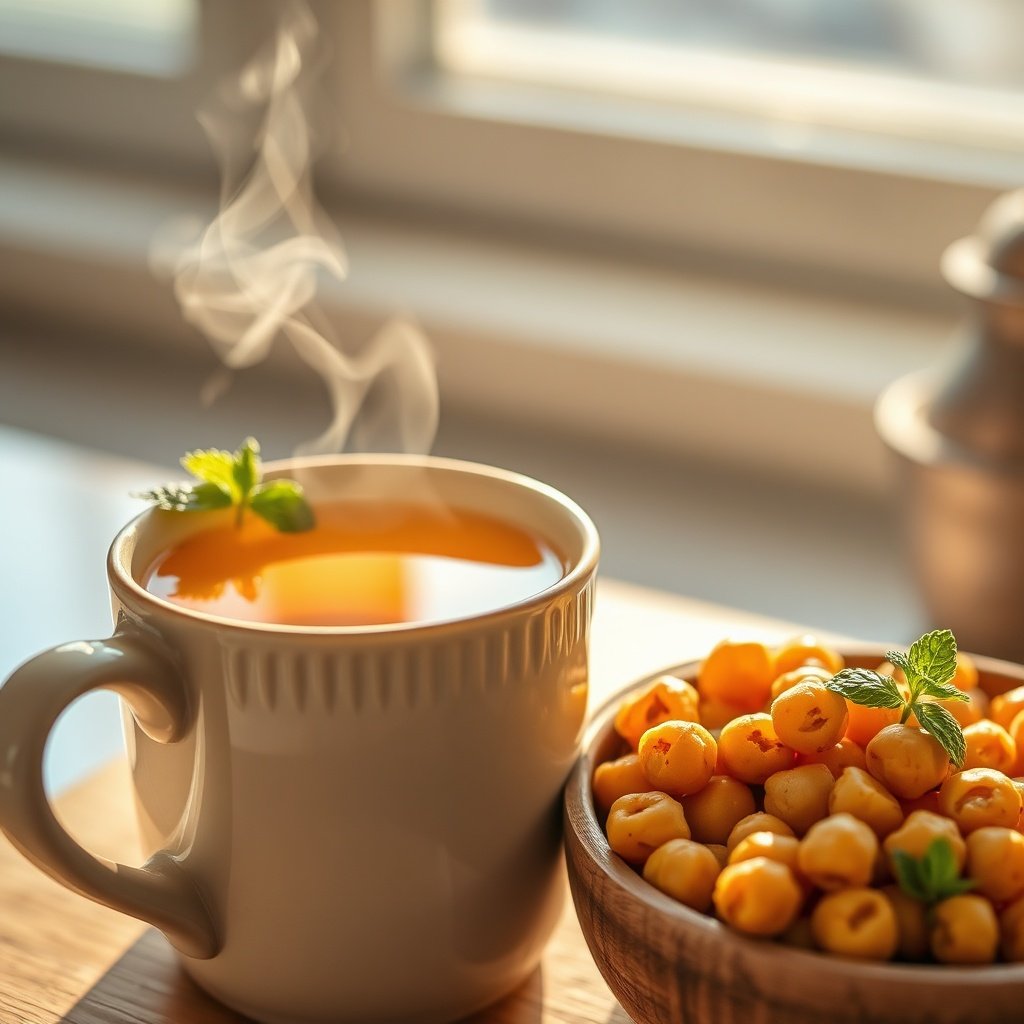 Close up view of roasted chickpeas and fresh mint served alongside a steaming mug of herbal tea, illustrating healthy Mediterranean snack ideas.
