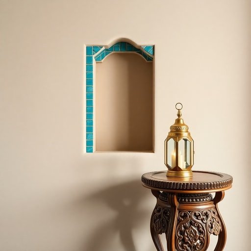 Moroccan interior design detail with tadelakt plaster walls and teal zellige tiles next to Argant wood table