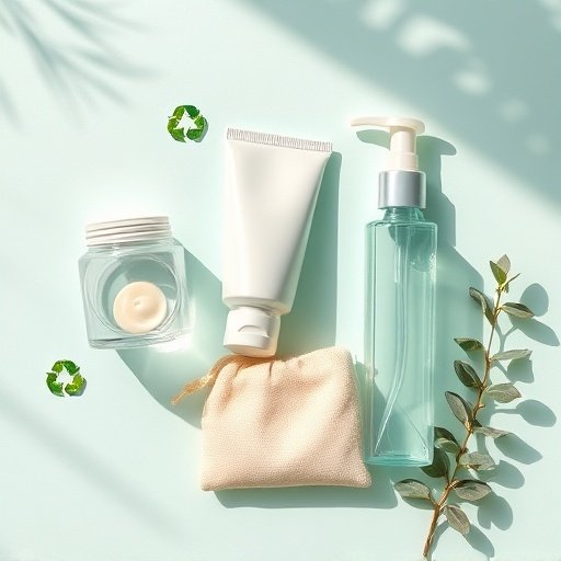 Flat‑lay of eco‑friendly beauty packaging: glass jar, aluminum tube, biodegradable plastic pump with recycling icons and a refill pouch