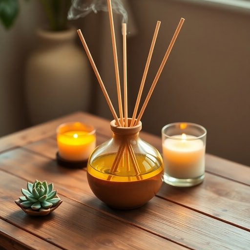 A decorative reed diffuser using argan oil to extend scent life, showcasing the benefits of argan oil for skin, hair, and home fragrance in a modern home setting.