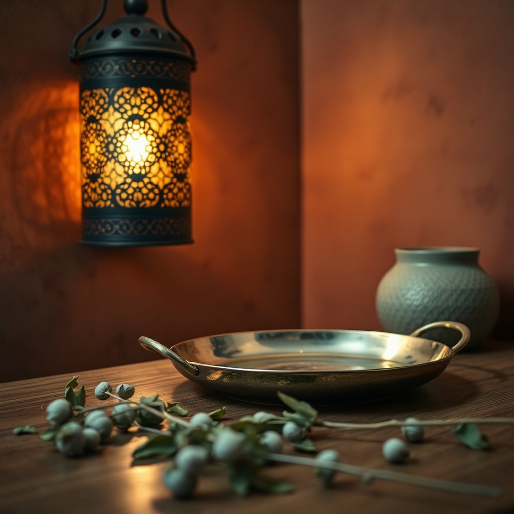 Sustainable Moroccan craftsmanship showcasing handcrafted brass trays and warm ambient lighting in an ethical home interior.