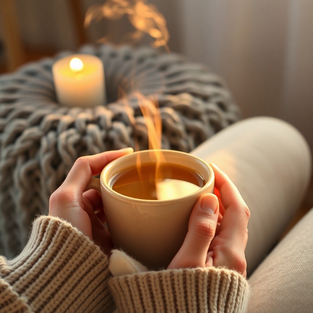 A person enjoying a mindful relaxation ritual with herbal tea while seated on a comfortable pouf in a home wellness space.