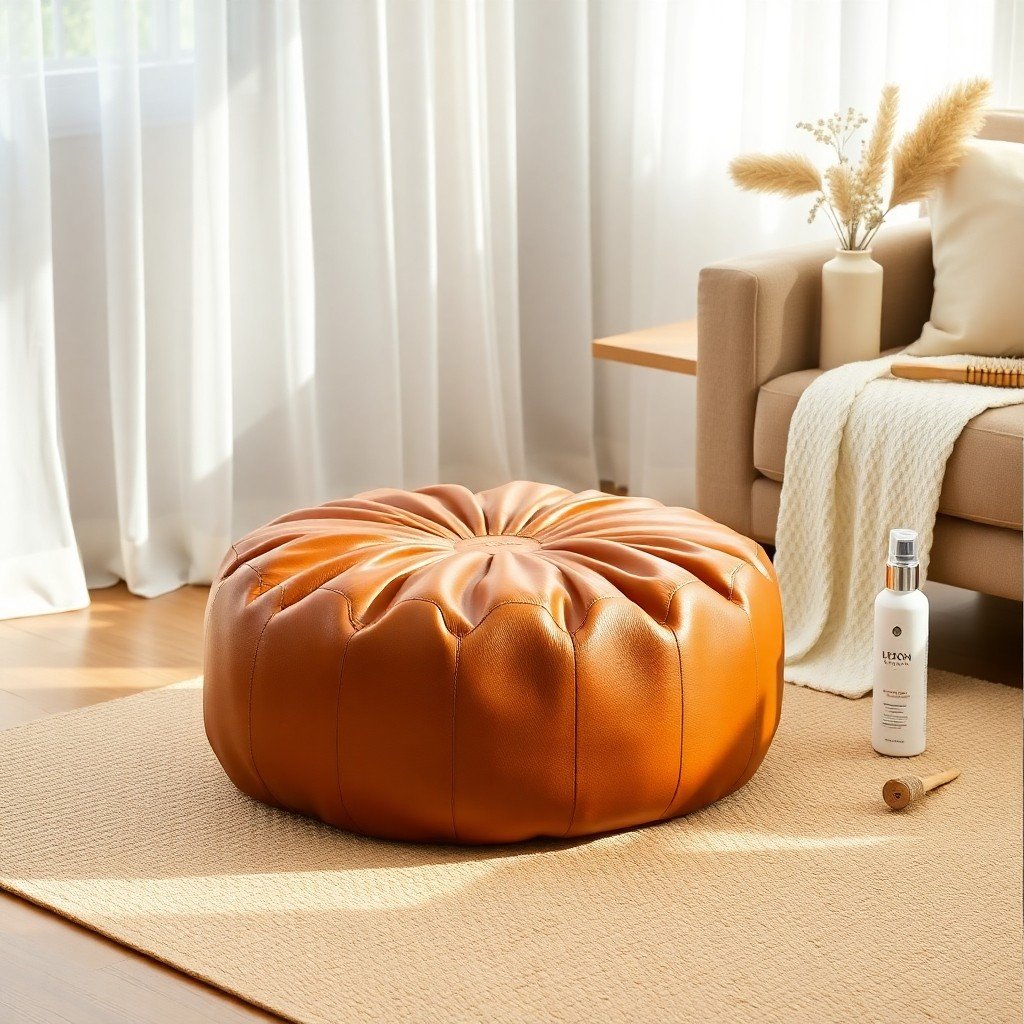 Home maintenance setting from the Guide to Caring for Natural Leather Poufs: Clean, Condition & Maintain at Home featuring a leather pouf, conditioner bottle, and soft lighting