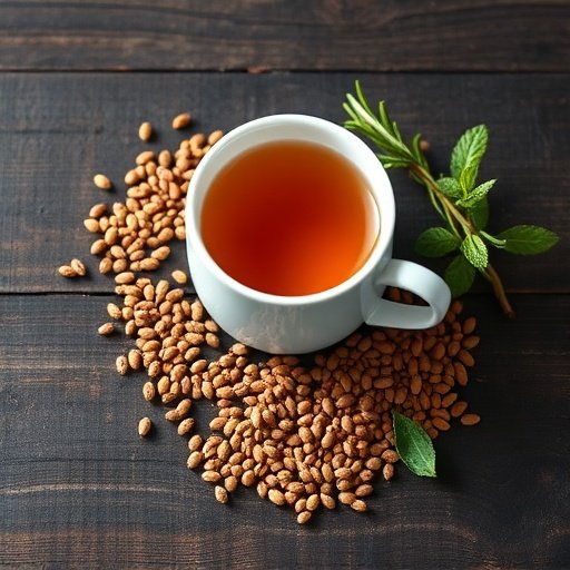 Flat lay of digestive herbal tea ingredients including caraway seeds, rosemary, and peppermint on a wooden table