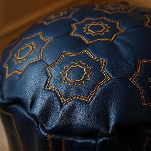 Close-up of handmade Moroccan leather pouf with gold embroidery details