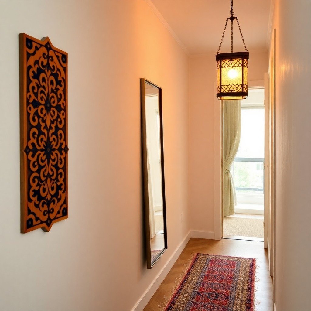 Hallway featuring a hand‑painted wooden Moroccan wall art, one of the Top 7 Moroccan‑Inspired Wall Décor Ideas for Small Apartments, using vertical patterns, mirrors, and lantern lighting to enhance a small space