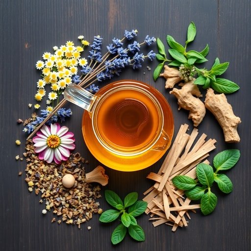 Top 7 natural herbal teas for stress relief and better sleep arranged as dried ingredients including chamomile and lavender.