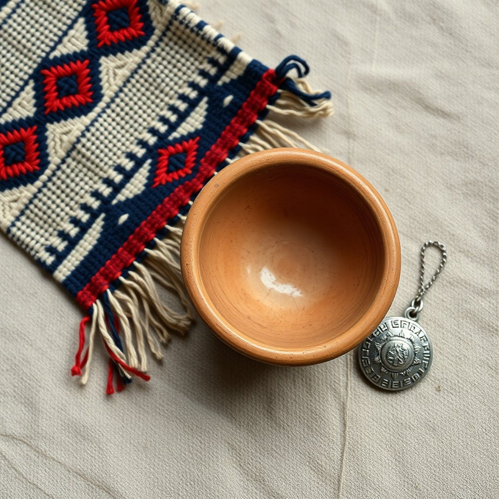 Close-up of Berber handcrafted textile, terracotta bowl, and silver jewelry on linen, highlighting the ancient symbolism and artisan techniques of Berber home decor