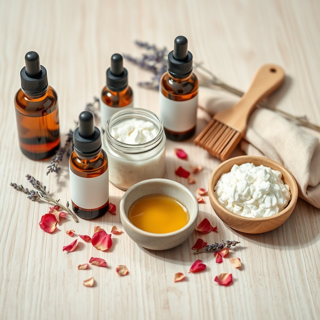 An assortment of eco-friendly skincare items and dried flowers used to blend natural beauty products into a home wellness routine, arranged on a wooden table.