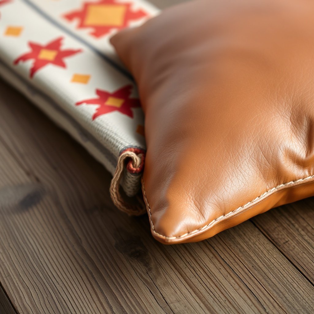 Close‑up of Moroccan textile and leather accent on wood table highlighting texture and pattern for interior design inspiration