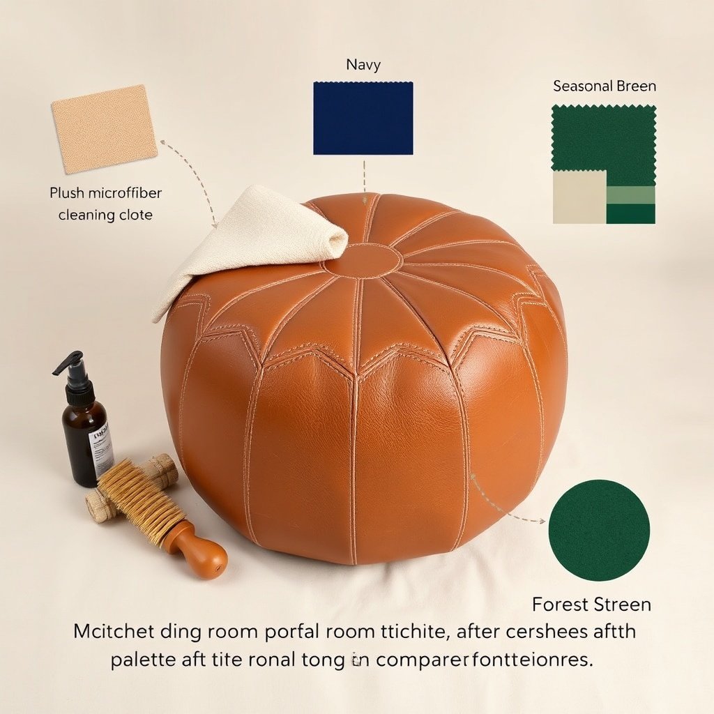 Choosing the Perfect Leather Pouf: Size, Color & Care Tips visual guide showing leather pouf care tools and color matching options