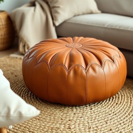 A detailed view of a handcrafted tan leather pouf on a neutral rug, illustrating key factors for choosing the perfect leather pouf size, color, and placement to complement interior palettes.