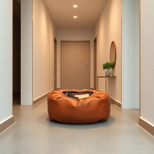 Small apartment entryway featuring a tan leather pouf with an open hidden storage compartment holding keys and a wallet