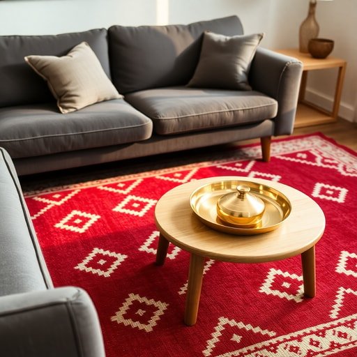 Charcoal sofa paired with a ruby red Moroccan rug and brass accent tray
