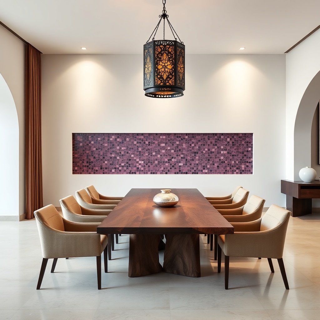 Dining room illustrating trending modern Moroccan home decor styles with reclaimed wood table, amethyst mosaic accent wall, and sculptural lantern