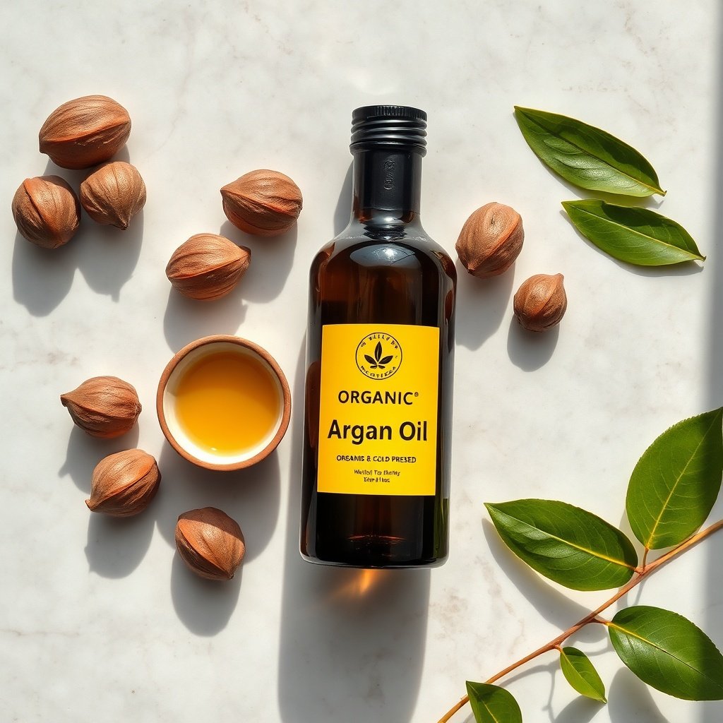 Dark glass bottle of top rated argan oil products for hair growth surrounded by raw argan nuts and leaves.