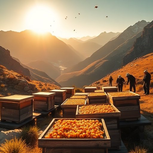 High‑altitude Argentinian apiary with beekeepers, hives, and Andes mountains at sunrise