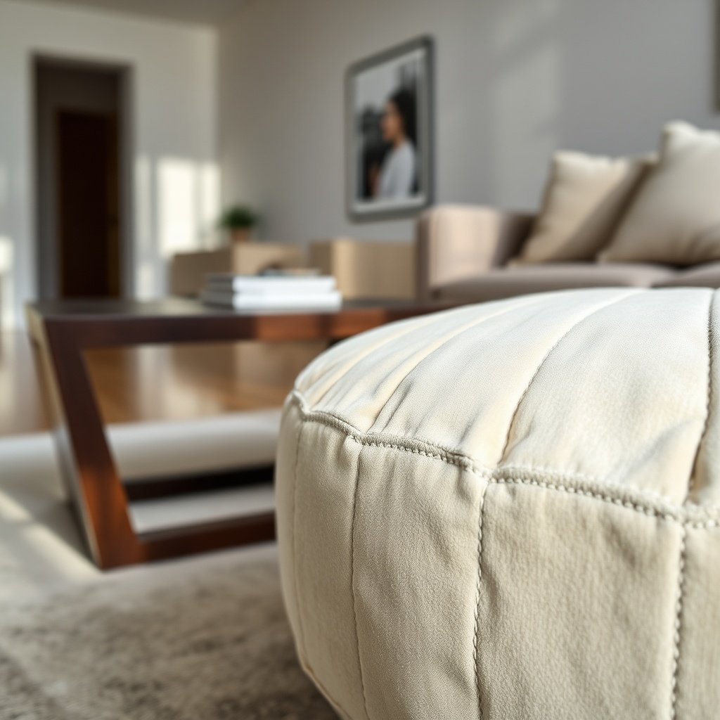 Using textured Moroccan poufs in modern interior design to create visual contrast and tactile warmth