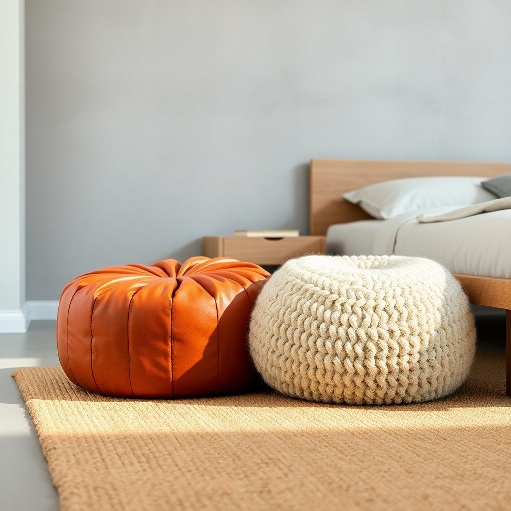 A cozy minimalist bedroom reading nook styled with textured burnt orange and ivory Moroccan poufs, demonstrating tips on how to mix & match Moroccan poufs with minimalist décor using neutral foundations.