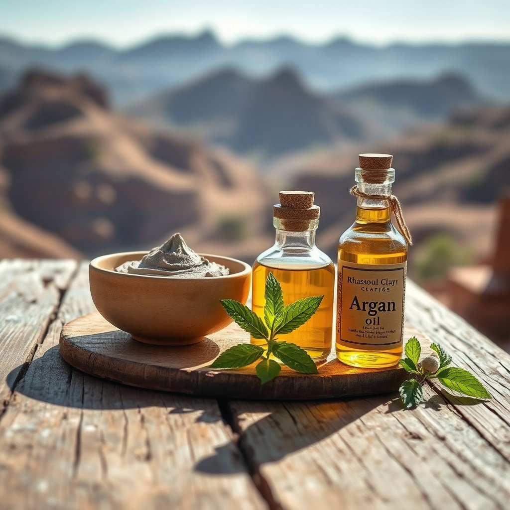 Rhassoul clay and Argan oil arranged on a wooden table representing ancient Moroccan wellness traditions and holistic healing.
