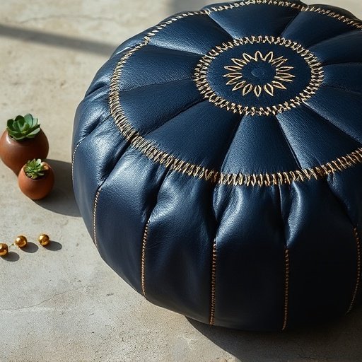 Close‑up of a navy leather pouf with beige Moroccan embroidery on a concrete floor